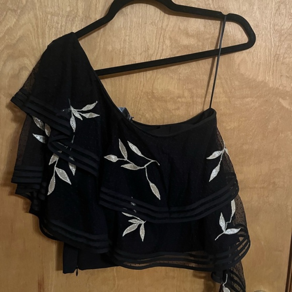 Sachin and Babi Chic Black One-Shoulder Top with Silver Leaf Embroidery